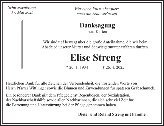 Traueranzeige von Elise Streng von Fränkische Nachrichten