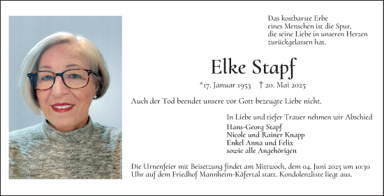 Traueranzeige von Elke Stapf von Mannheimer Morgen