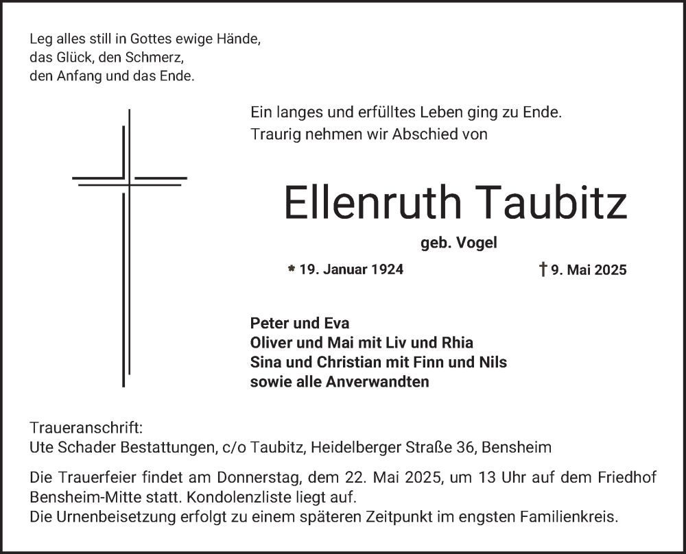  Traueranzeige für Ellenruth Taubitz vom 17.05.2025 aus Bergsträßer Anzeiger