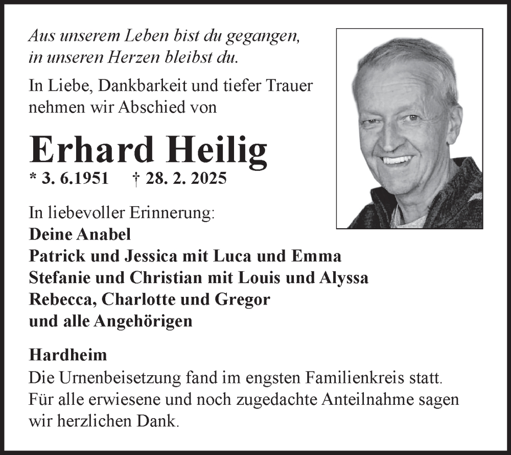  Traueranzeige für Erhard Heilig vom 18.03.2025 aus Fränkische Nachrichten