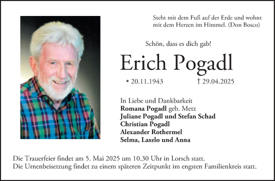 Traueranzeige von Erich Pogadl von Bergsträßer Anzeiger
