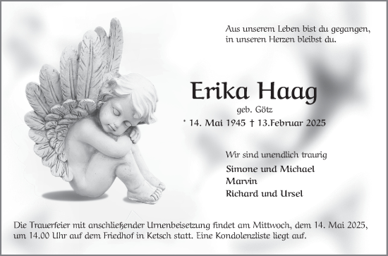 Traueranzeige von Erika Haag von Schwetzinger Zeitung