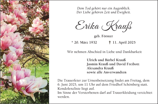 Traueranzeige von Erika Krauß von Bergsträßer Anzeiger