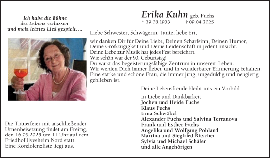 Traueranzeige von Erika Kuhn von Mannheimer Morgen