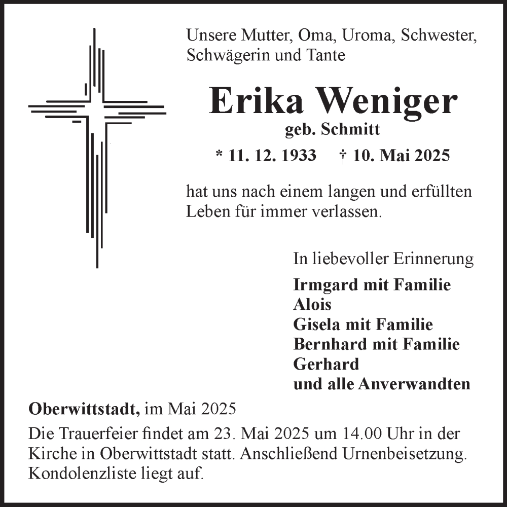 Traueranzeige für Erika Weniger vom 17.05.2025 aus Fränkische Nachrichten