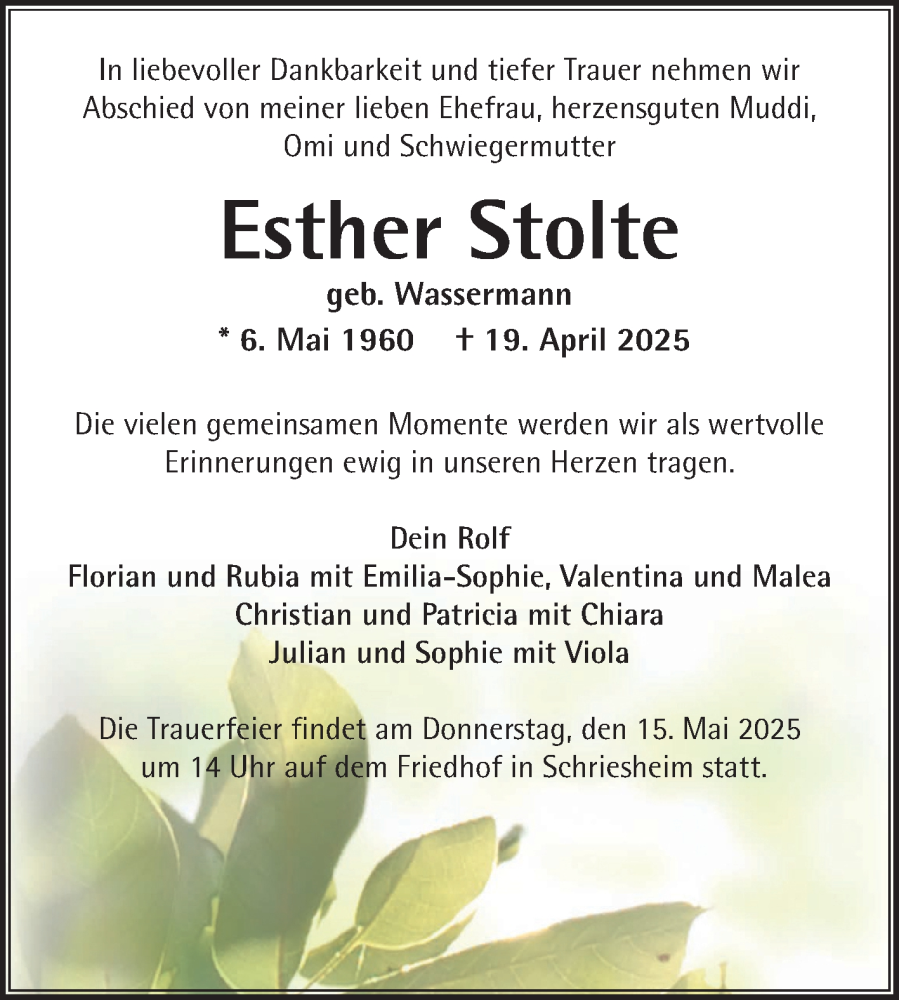  Traueranzeige für Esther Stolte vom 10.05.2025 aus Mannheimer Morgen