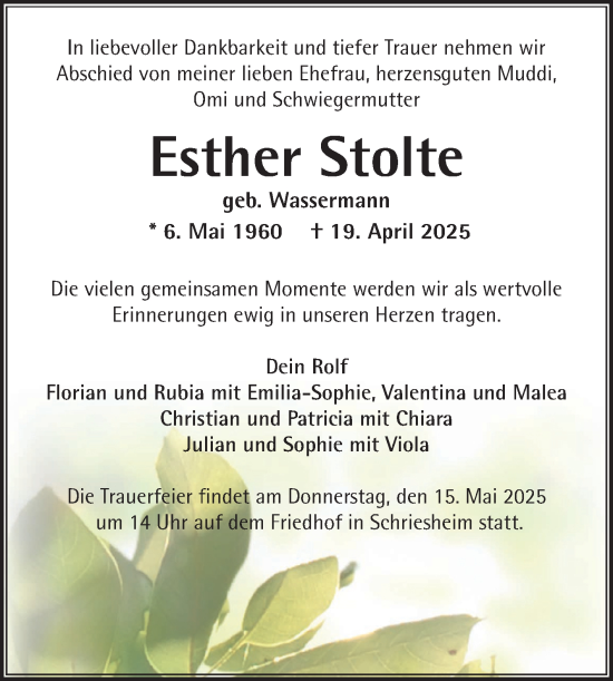 Traueranzeige von Esther Stolte von Mannheimer Morgen