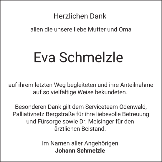 Traueranzeige von Eva Schmelzle von Bergsträßer Anzeiger