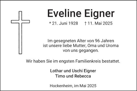 Traueranzeige von Eveline Eigner von Schwetzinger Zeitung