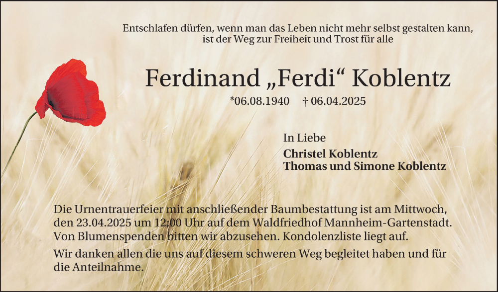  Traueranzeige für Ferdinand Koblentz vom 19.04.2025 aus Mannheimer Morgen