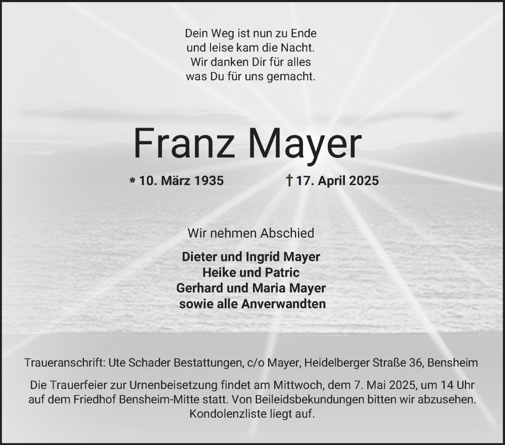  Traueranzeige für Franz Mayer vom 03.05.2025 aus Bergsträßer Anzeiger
