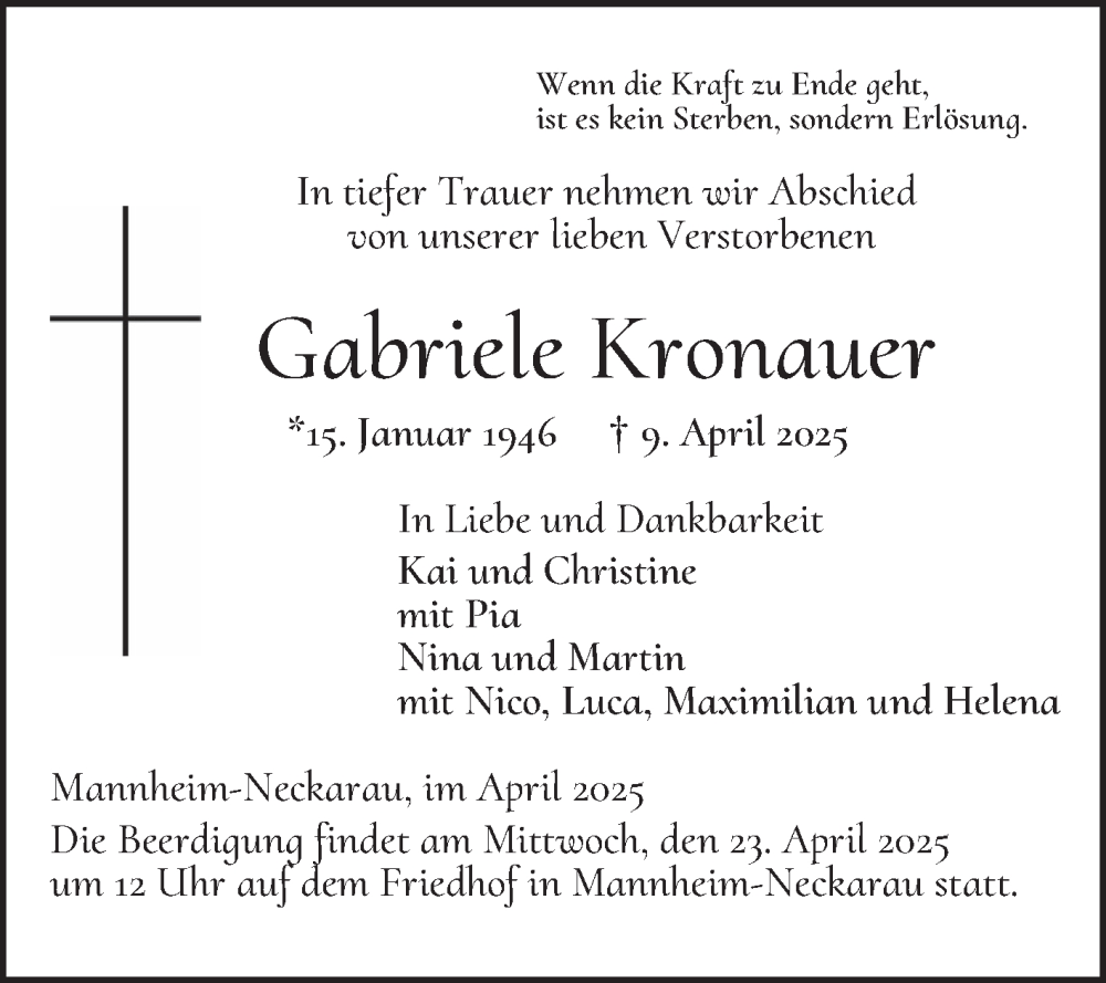  Traueranzeige für Gabriele Kronauer vom 19.04.2025 aus Mannheimer Morgen