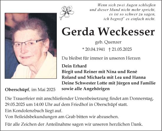 Traueranzeige von Gerda Weckesser von Fränkische Nachrichten