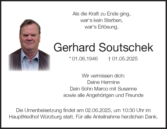 Traueranzeige von Gerhard Soutschek von Fränkische Nachrichten