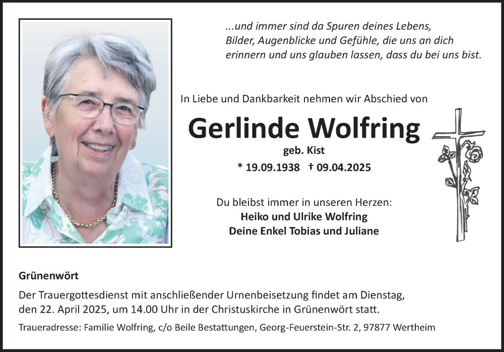  Traueranzeige für Gerlinde Wolfring vom 19.04.2025 aus Fränkische Nachrichten
