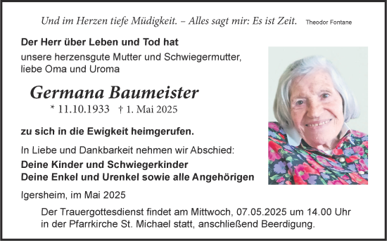 Traueranzeige von Germana Baumeister von Fränkische Nachrichten