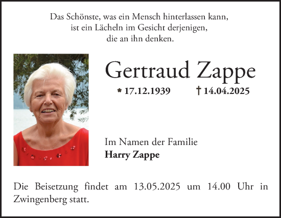 Traueranzeige von Gertraud Zappe von Bergsträßer Anzeiger