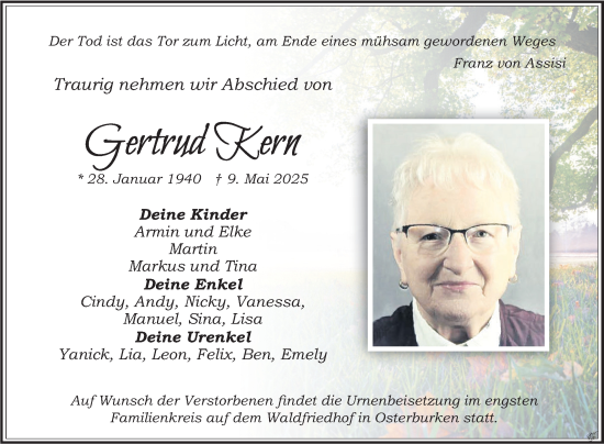 Traueranzeige von Gertrud Kern von Fränkische Nachrichten