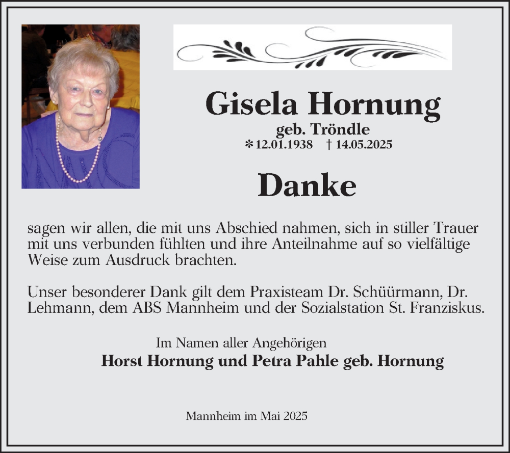  Traueranzeige für Gisela Hornung vom 31.05.2025 aus Mannheimer Morgen