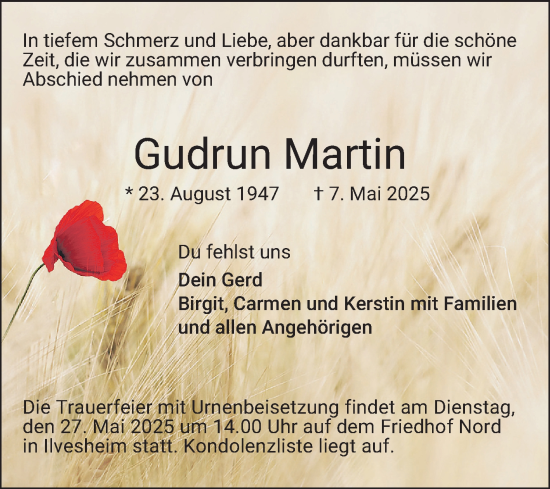 Traueranzeige von Gudrun Martin von Mannheimer Morgen