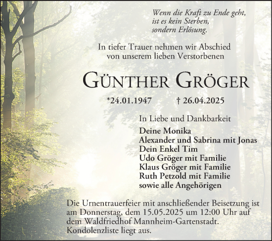 Traueranzeige von Günther Gröger von Mannheimer Morgen