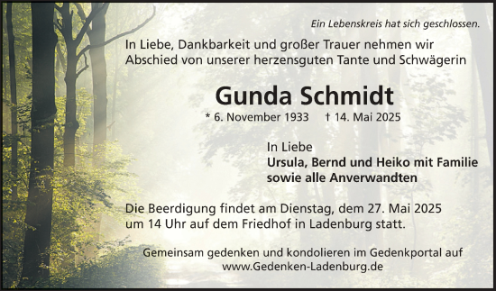 Traueranzeige von Gunda Schmidt von Mannheimer Morgen