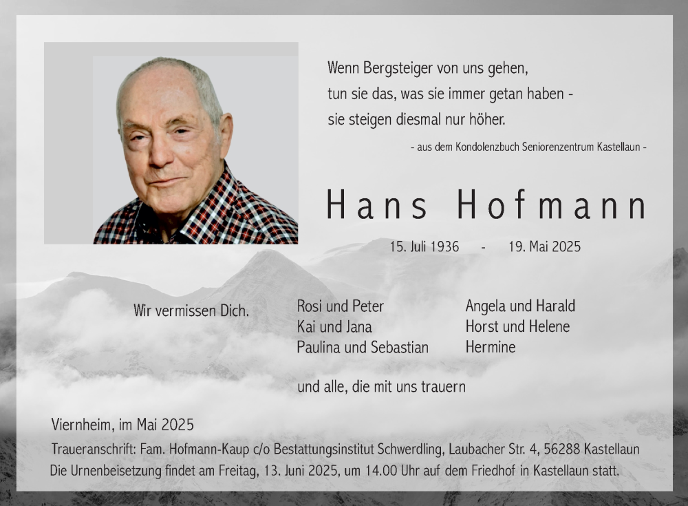  Traueranzeige für Hans Hofmann vom 31.05.2025 aus Mannheimer Morgen