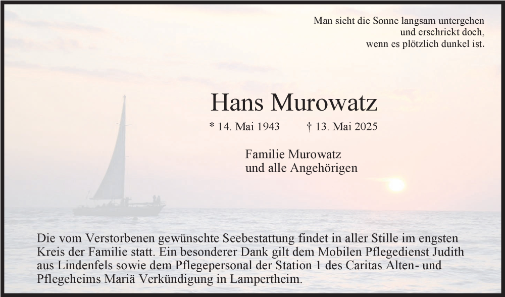  Traueranzeige für Hans Murowatz vom 24.05.2025 aus Bergsträßer Anzeiger