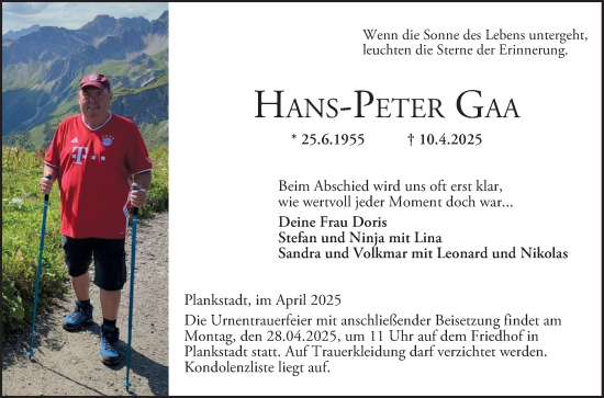 Traueranzeige von Hans-Peter Gaa von Schwetzinger Zeitung