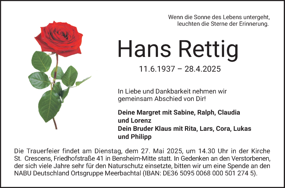  Traueranzeige für Hans Rettig vom 17.05.2025 aus Bergsträßer Anzeiger