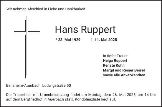 Traueranzeige von Hans Ruppert von Bergsträßer Anzeiger