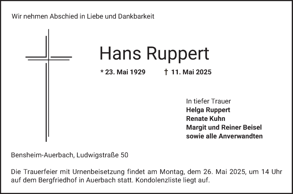  Traueranzeige für Hans Ruppert vom 24.05.2025 aus Bergsträßer Anzeiger