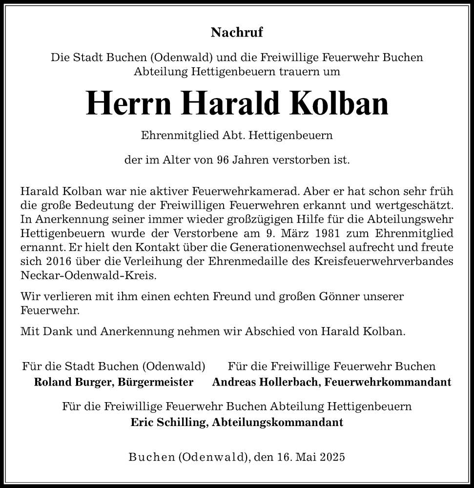  Traueranzeige für Harald Kolban vom 16.05.2025 aus Fränkische Nachrichten