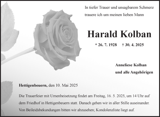 Traueranzeige von Harald Kolban von Fränkische Nachrichten