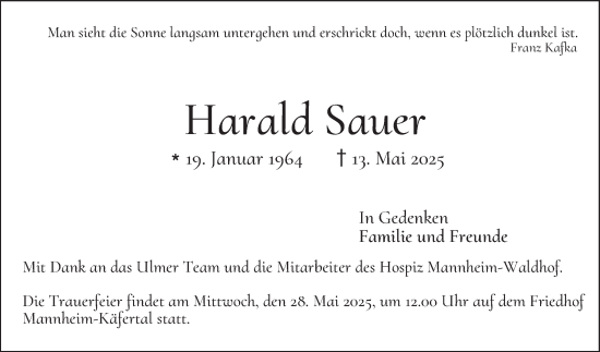 Traueranzeige von Harald Sauer von Mannheimer Morgen