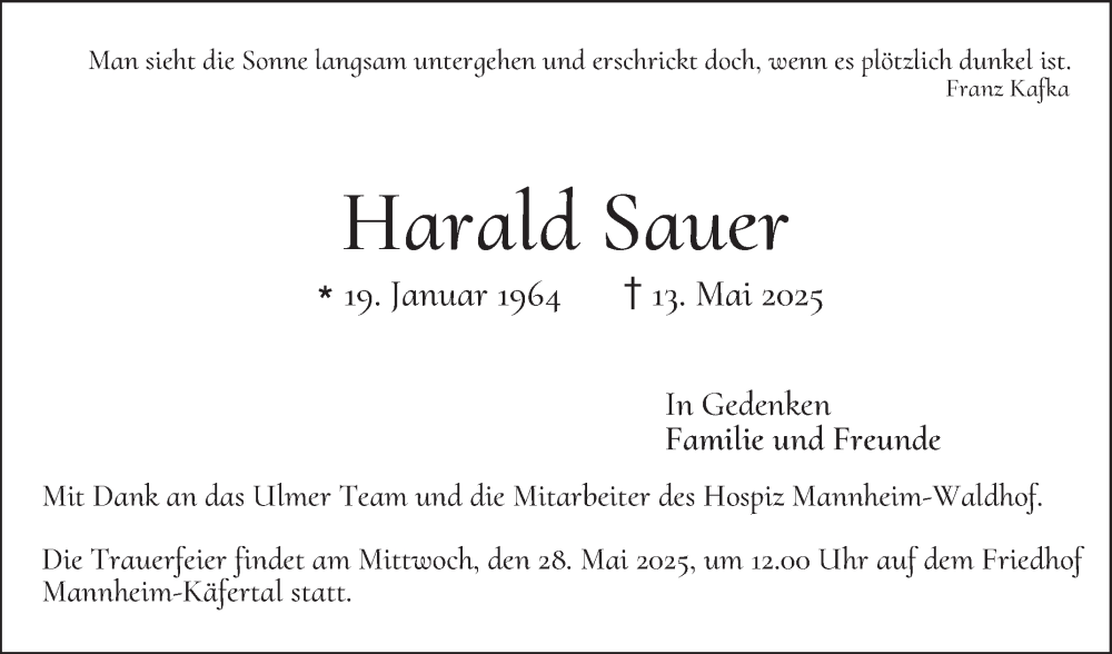  Traueranzeige für Harald Sauer vom 24.05.2025 aus Mannheimer Morgen