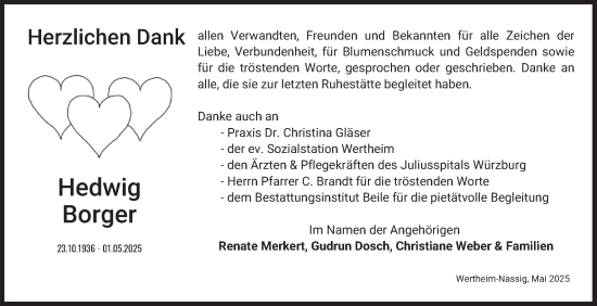 Traueranzeige von Hedwig Borger von Fränkische Nachrichten