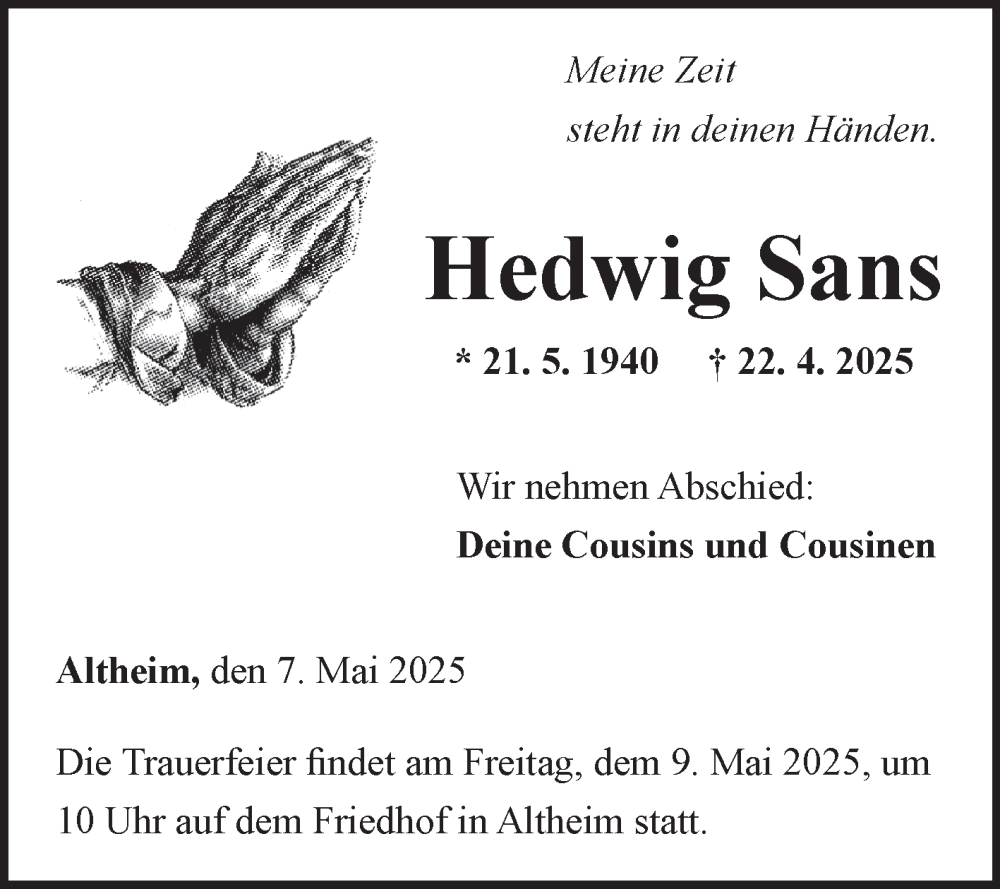  Traueranzeige für Hedwig Sans vom 07.05.2025 aus Fränkische Nachrichten