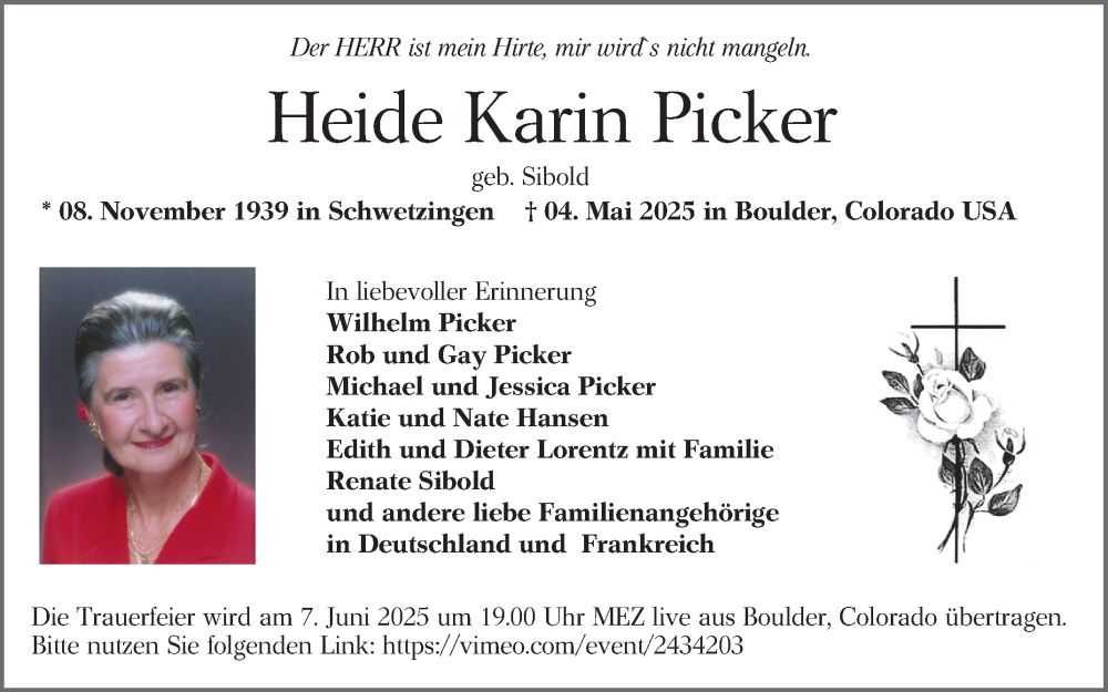  Traueranzeige für Heide Karin Picker vom 31.05.2025 aus Schwetzinger Zeitung
