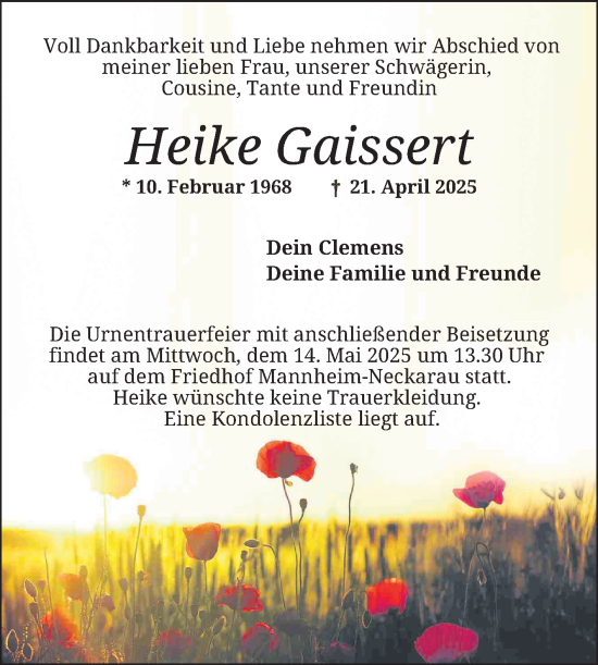 Traueranzeige von Heike Gaissert von Mannheimer Morgen