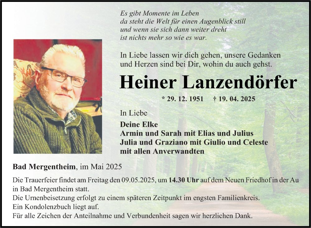 Traueranzeige für Heiner Lanzendörfer vom 02.05.2025 aus Fränkische Nachrichten