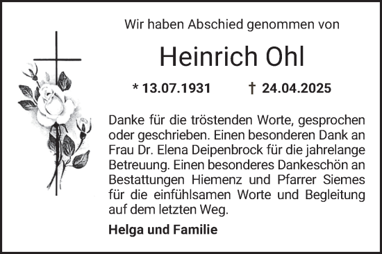 Traueranzeige von Heinrich Ohl von Bergsträßer Anzeiger