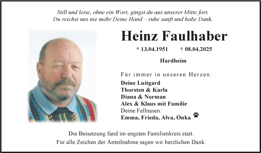 Traueranzeige für Heinz Faulhaber vom 03.05.2025 aus Fränkische Nachrichten
