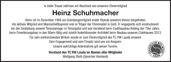 Traueranzeige von Heinz Schuhmacher von Fränkische Nachrichten
