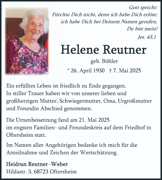 Traueranzeige von Helene Reutner von Schwetzinger Zeitung