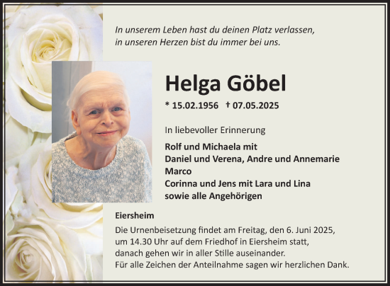 Traueranzeige von Helga Göbel von Fränkische Nachrichten