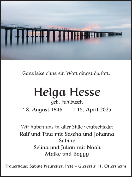 Traueranzeige von Helga Hesse von Schwetzinger Zeitung