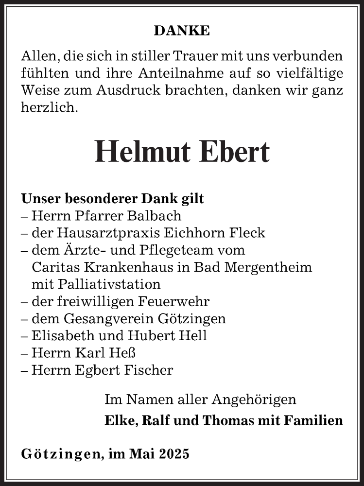  Traueranzeige für Helmut Ebert vom 17.05.2025 aus Fränkische Nachrichten