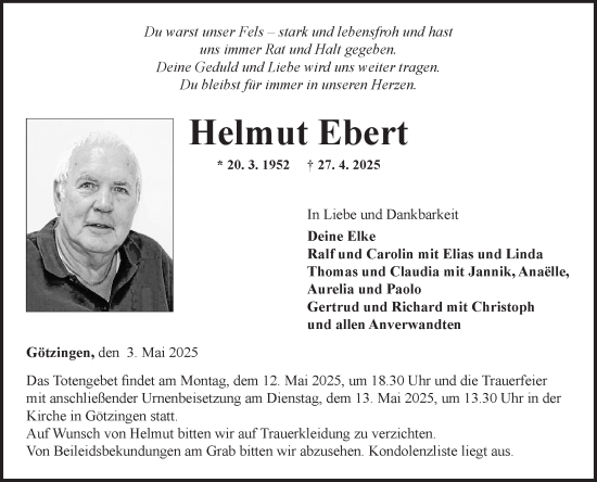 Traueranzeige von Helmut Ebert von Fränkische Nachrichten