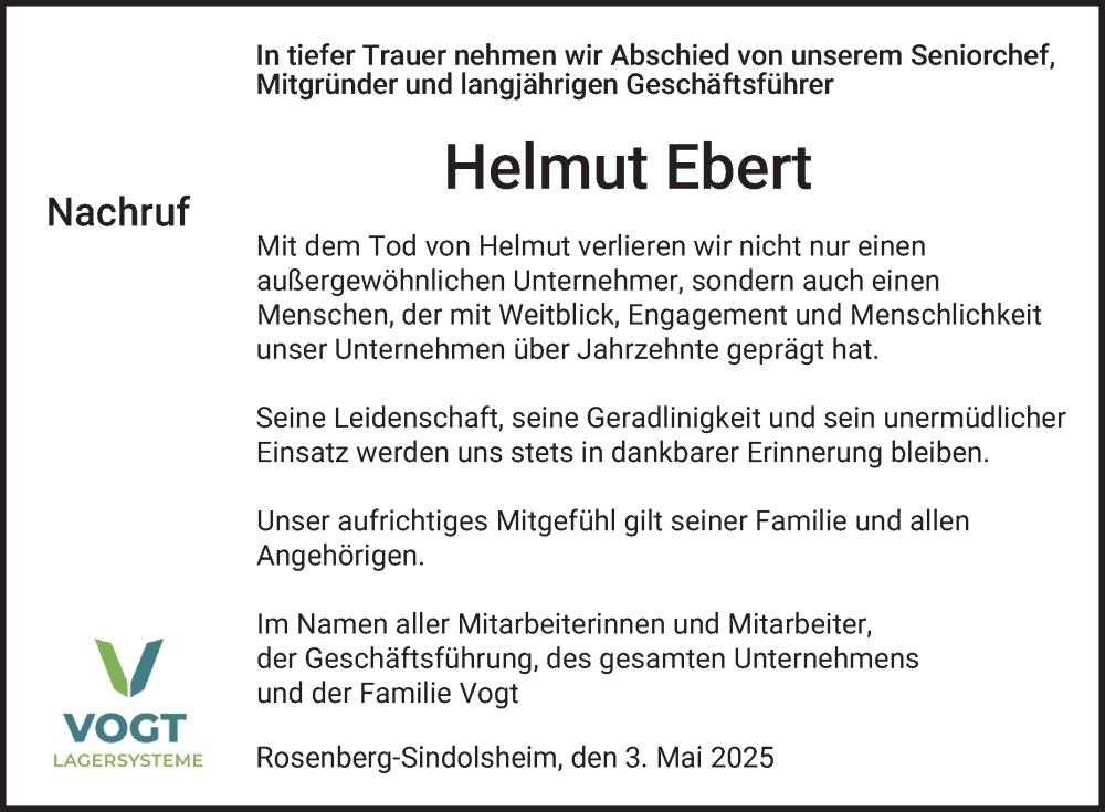  Traueranzeige für Helmut Ebert vom 03.05.2025 aus Fränkische Nachrichten